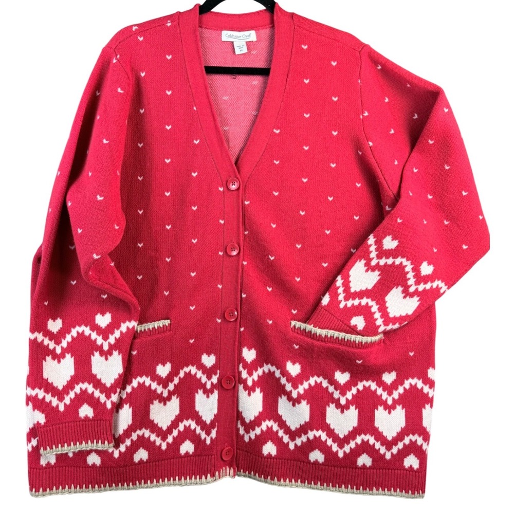 Coldwater Creek Red Heart Fair Isle Cardigan Sweater Womens 2X Christmas